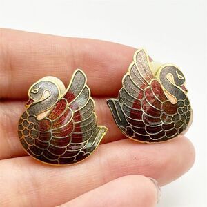 Vintage Cloisonné Enamel Swan Clip-On Earrings Orange, Red and Green Ombré